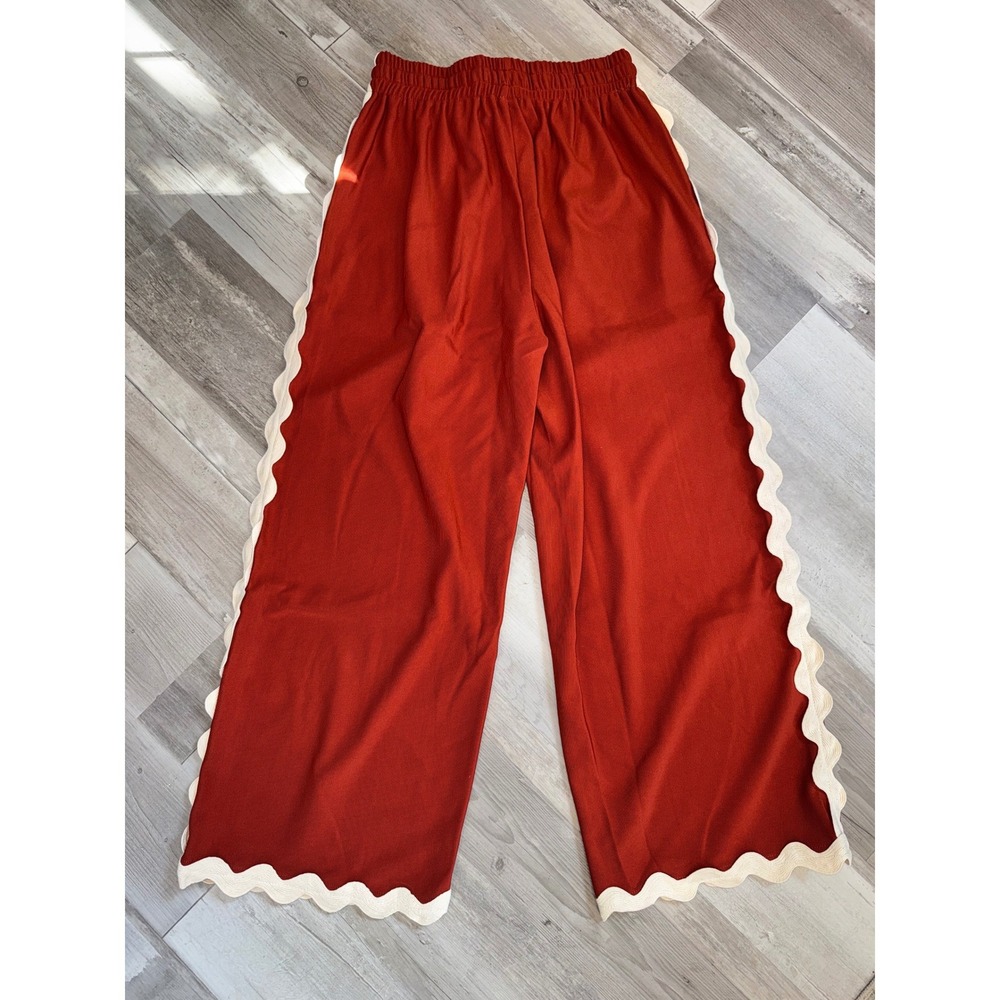 Unbranded Wide Leg Pants Women Rust Red Ric Rac Scallop Trim Ribbed Small - Picture 5 of 7